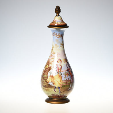 Vienna enamel decorated with a courting couple scene vase - Antique and Interior Innovations